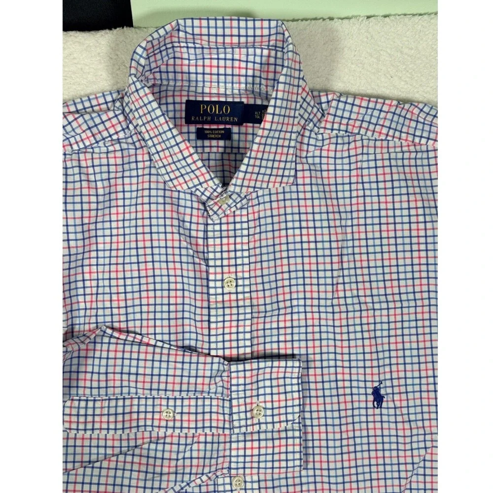Polo Ralph Lauren Mens XLT Tall Cotton Stretch Check Button Down Shirt Blue Pink